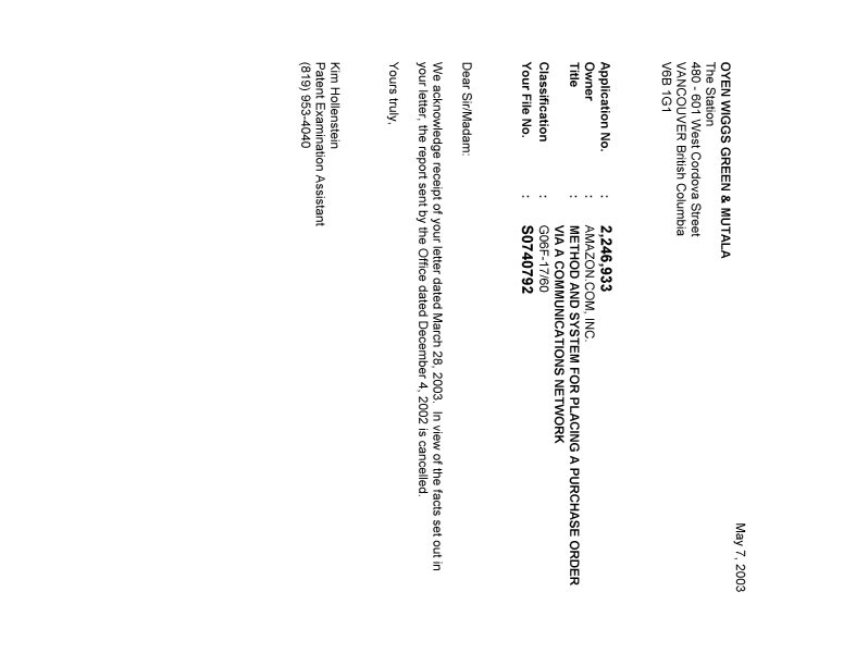 Canadian Patent Document 2246933. Correspondence 20030507. Image 1 of 1