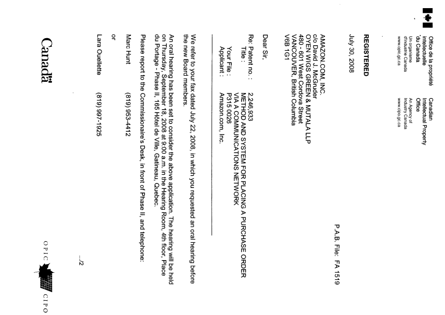 Document de brevet canadien 2246933. Poursuite-Amendment 20080730. Image 1 de 2