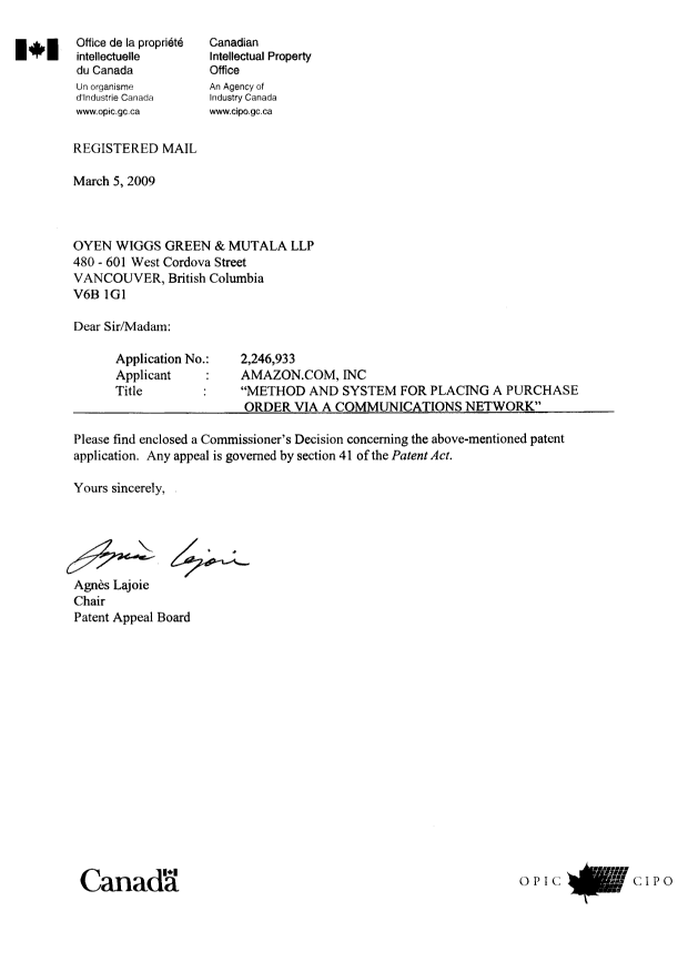 Canadian Patent Document 2246933. Correspondence 20081205. Image 1 of 62