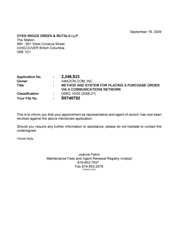 Canadian Patent Document 2246933. Correspondence 20081218. Image 1 of 1