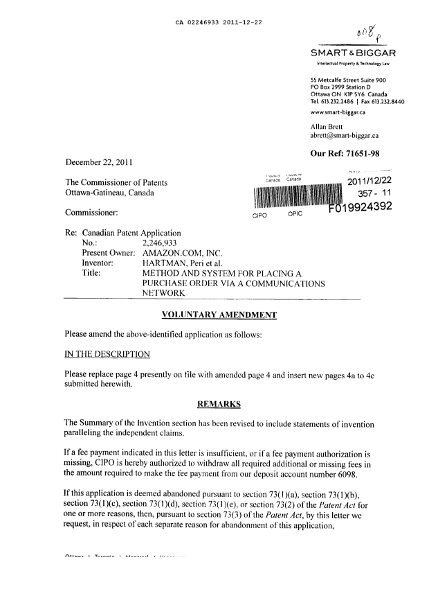 Canadian Patent Document 2246933. Prosecution-Amendment 20101222. Image 1 of 6
