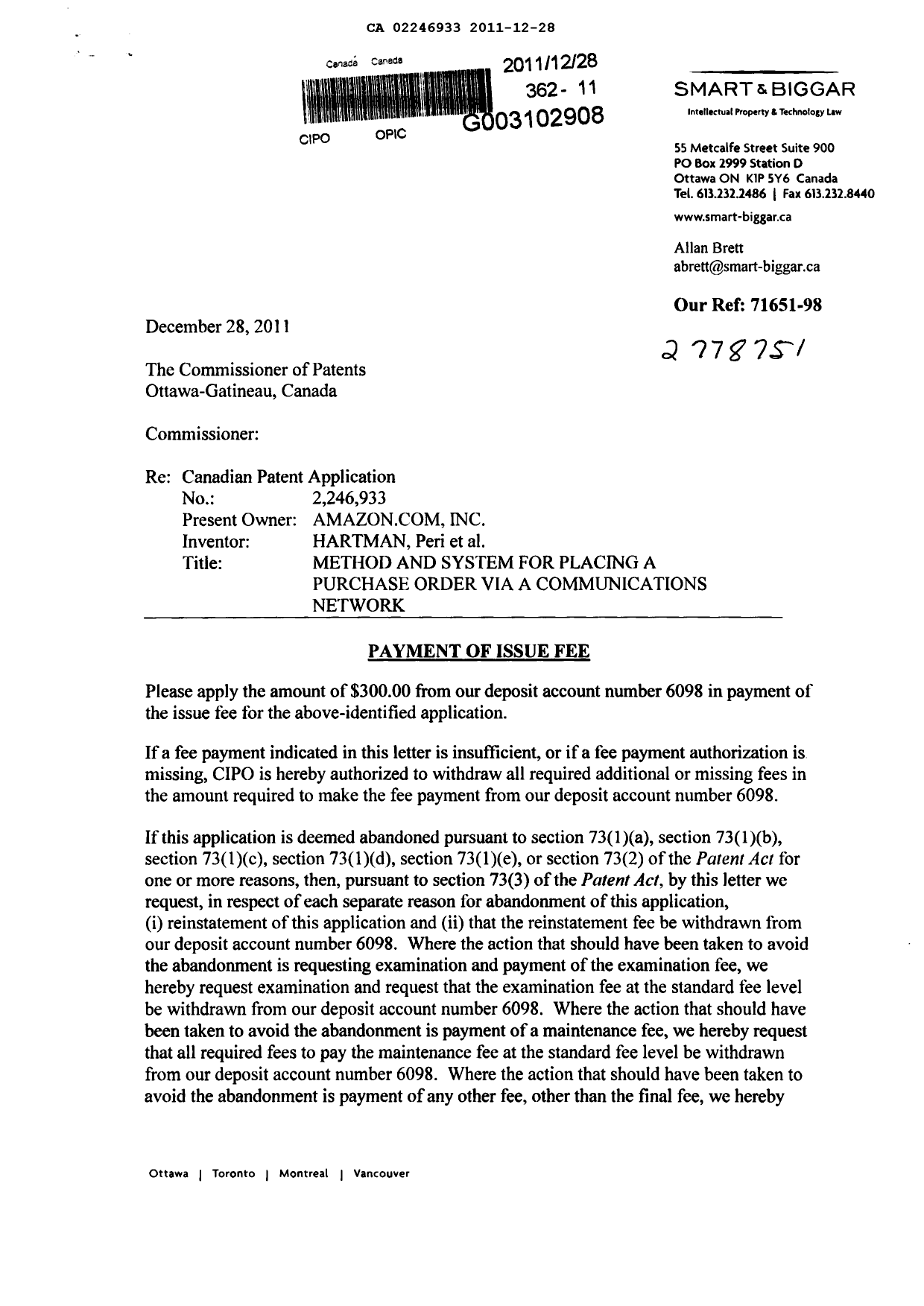Canadian Patent Document 2246933. Correspondence 20111228. Image 1 of 2