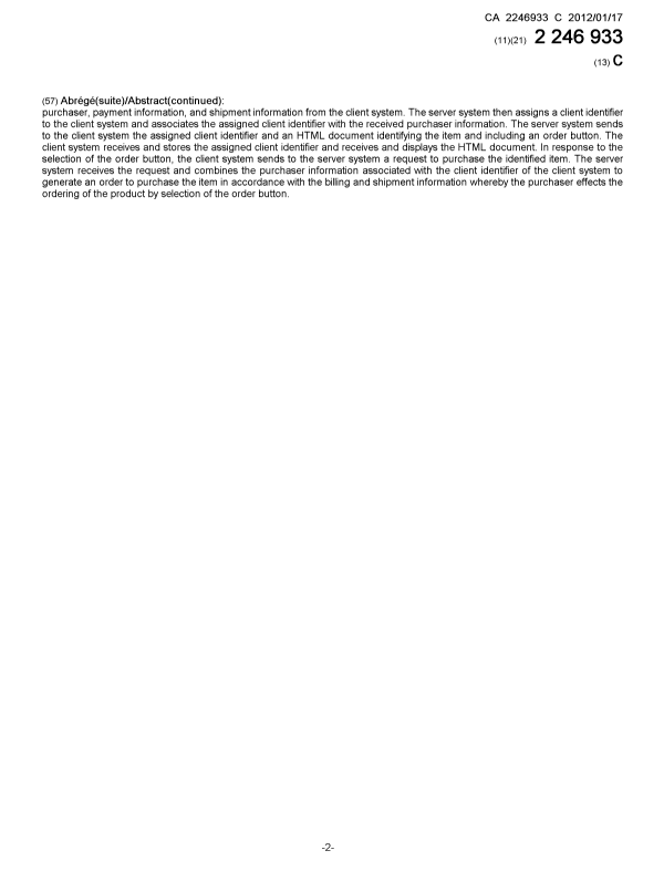 Document de brevet canadien 2246933. Page couverture 20120116. Image 2 de 2