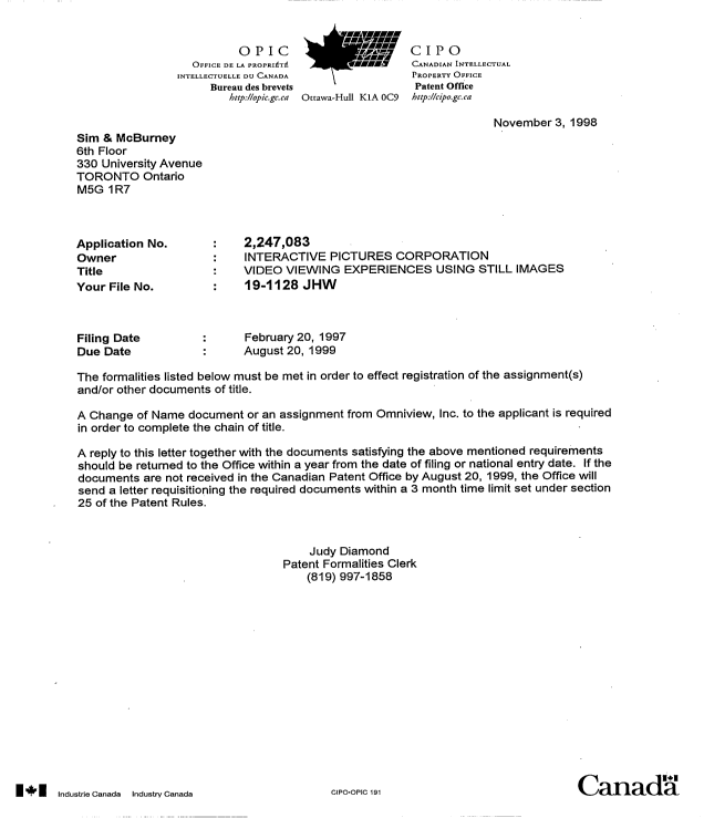 Document de brevet canadien 2247083. Correspondance 19981103. Image 1 de 1