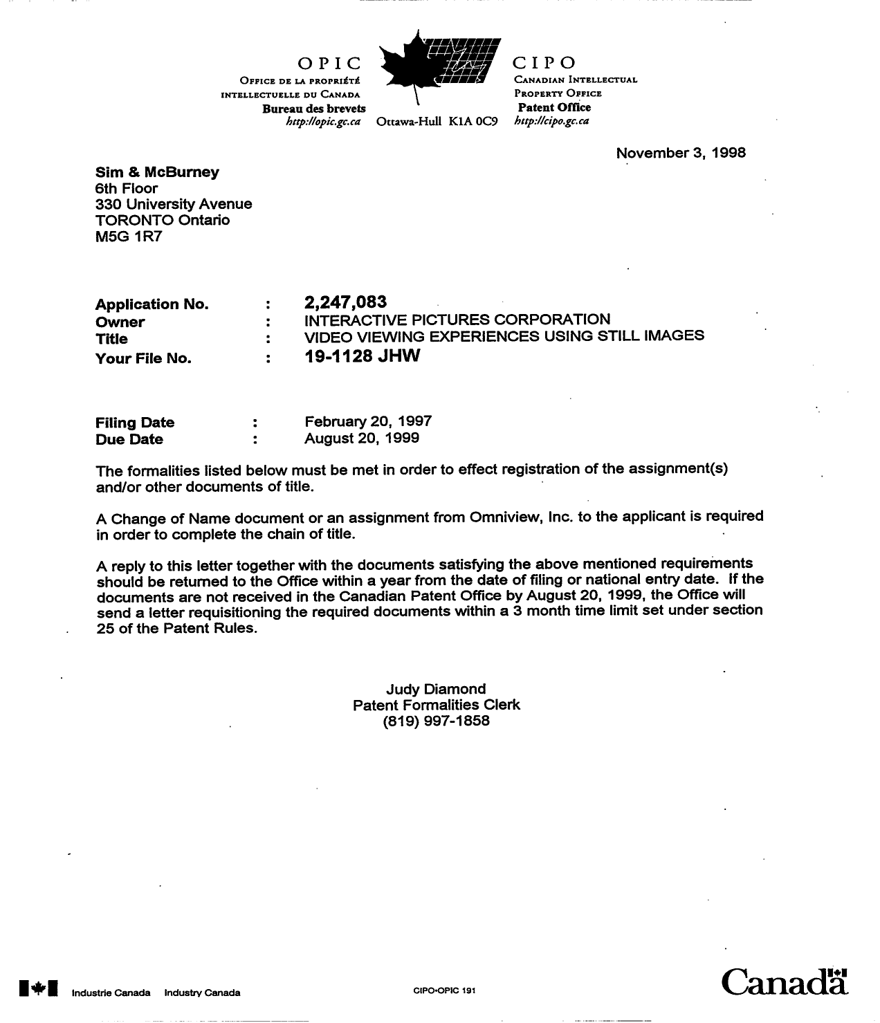 Canadian Patent Document 2247083. Correspondence 19981103. Image 1 of 1