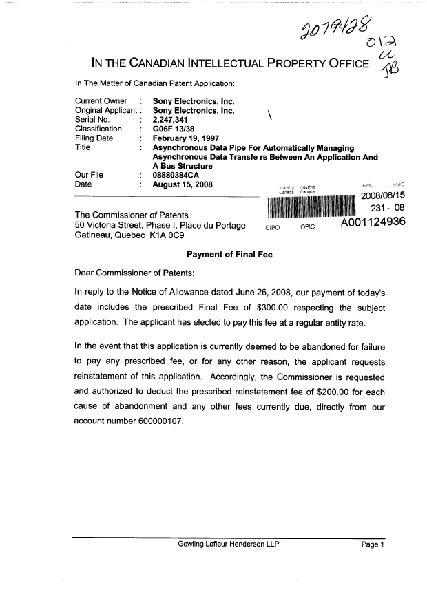 Document de brevet canadien 2247341. Correspondance 20080815. Image 1 de 2