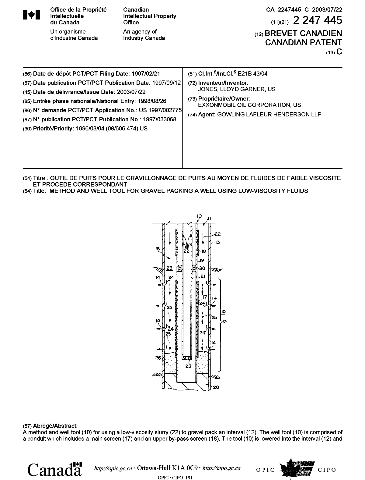 Canadian Patent Document 2247445. Cover Page 20030618. Image 1 of 2