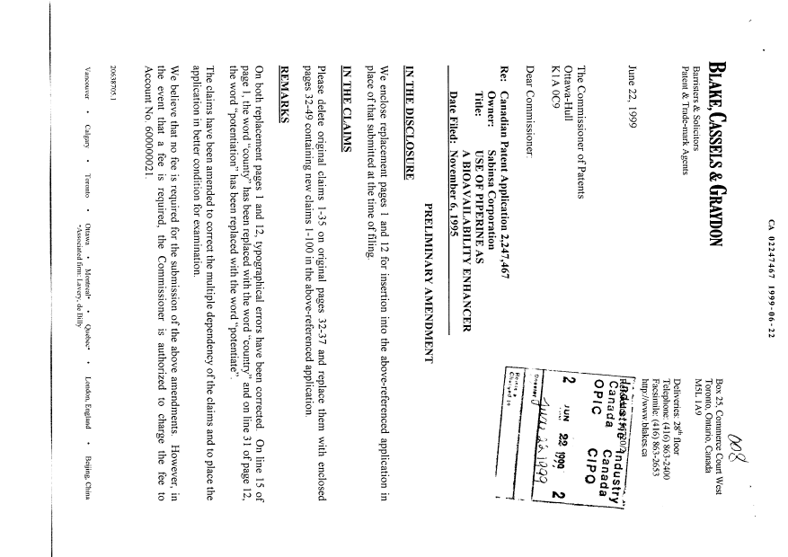 Canadian Patent Document 2247467. Prosecution-Amendment 19990622. Image 1 of 22