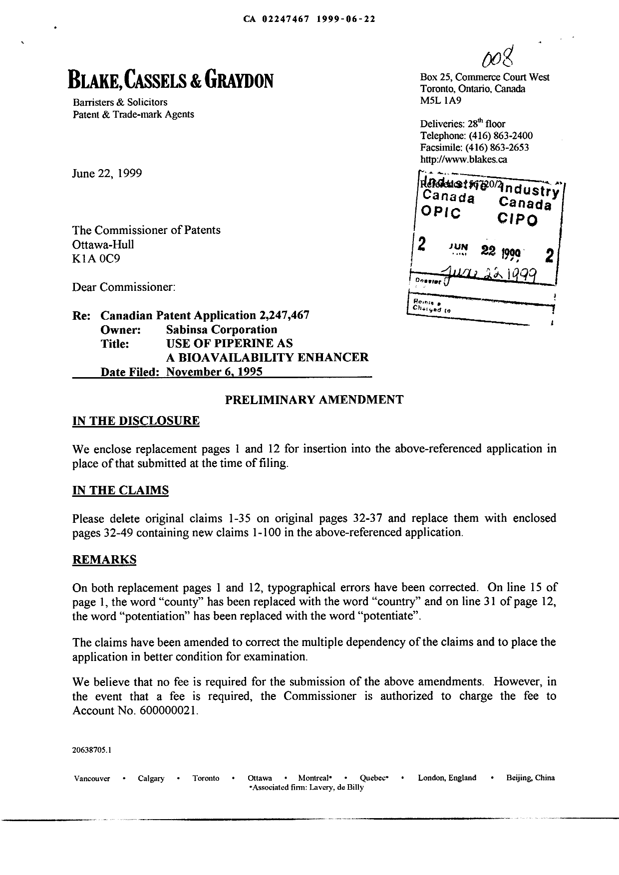 Canadian Patent Document 2247467. Prosecution-Amendment 19990622. Image 1 of 22