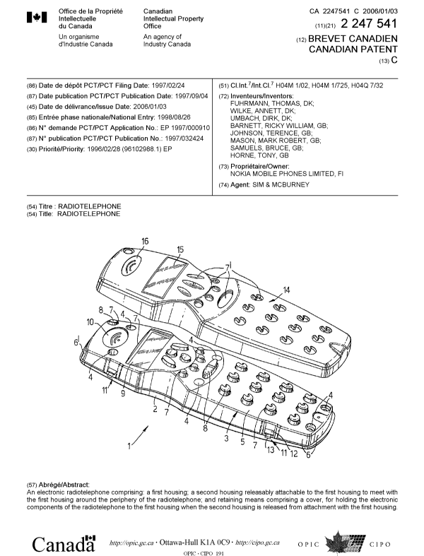 Canadian Patent Document 2247541. Cover Page 20051205. Image 1 of 1