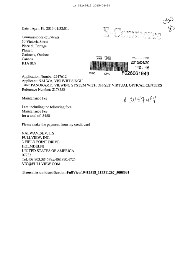 Canadian Patent Document 2247612. Fees 20150420. Image 1 of 1