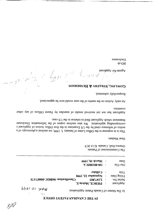 Canadian Patent Document 2247803. Prosecution-Amendment 19990310. Image 1 of 4