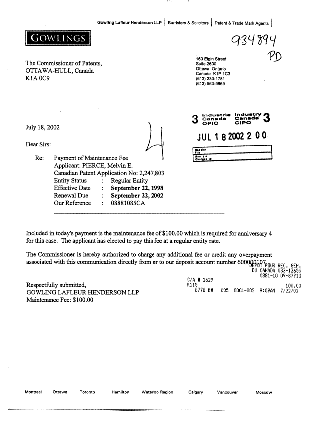 Canadian Patent Document 2247803. Fees 20020718. Image 1 of 1