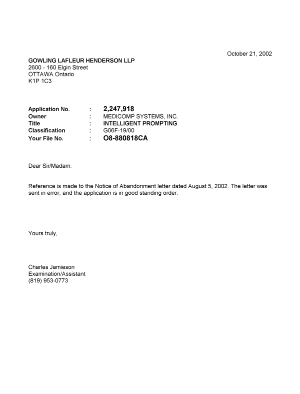 Document de brevet canadien 2247918. Correspondance 20021021. Image 1 de 1