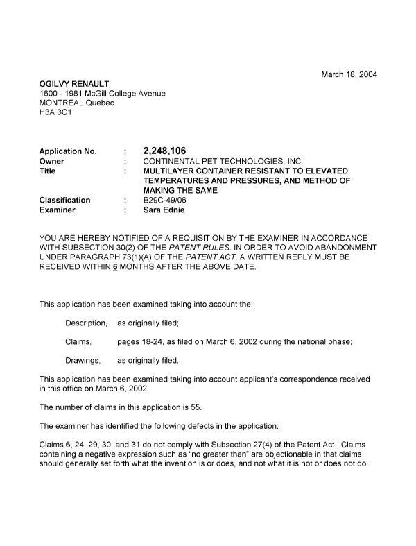Canadian Patent Document 2248106. Prosecution-Amendment 20031218. Image 1 of 2