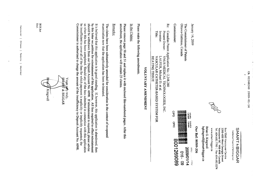 Canadian Patent Document 2248260. Prosecution-Amendment 20090114. Image 1 of 3