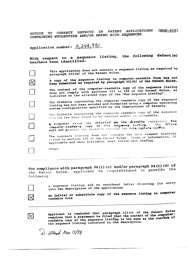 Canadian Patent Document 2248981. Correspondence 19981113. Image 1 of 1