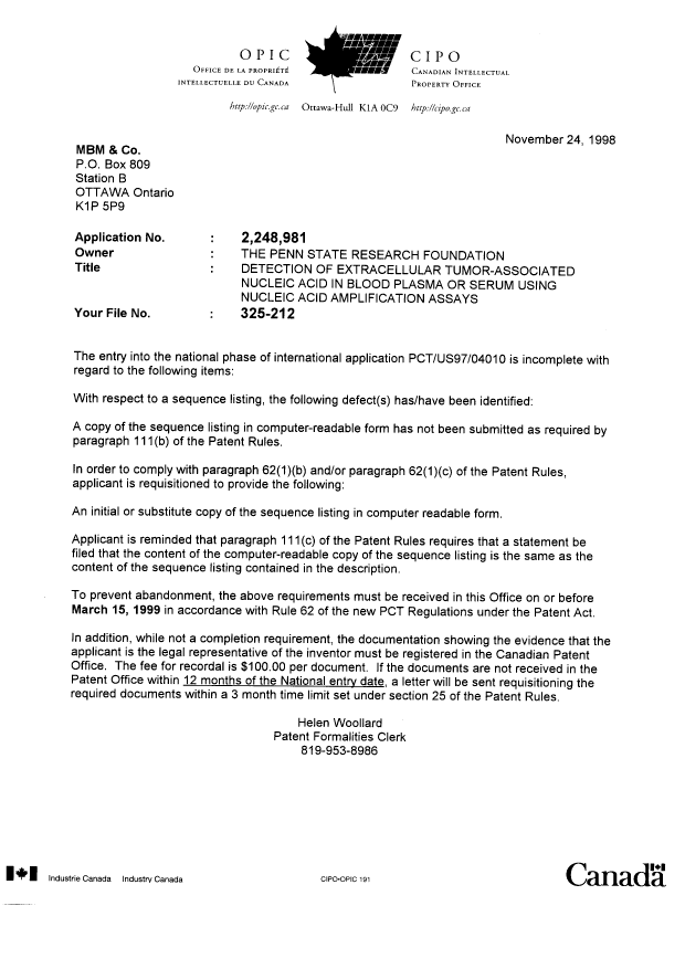 Document de brevet canadien 2248981. Correspondance 19981124. Image 1 de 1
