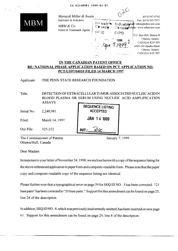 Document de brevet canadien 2248981. Correspondance 19990107. Image 1 de 9