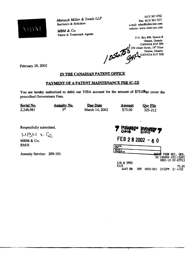 Document de brevet canadien 2248981. Taxes 20020228. Image 1 de 1