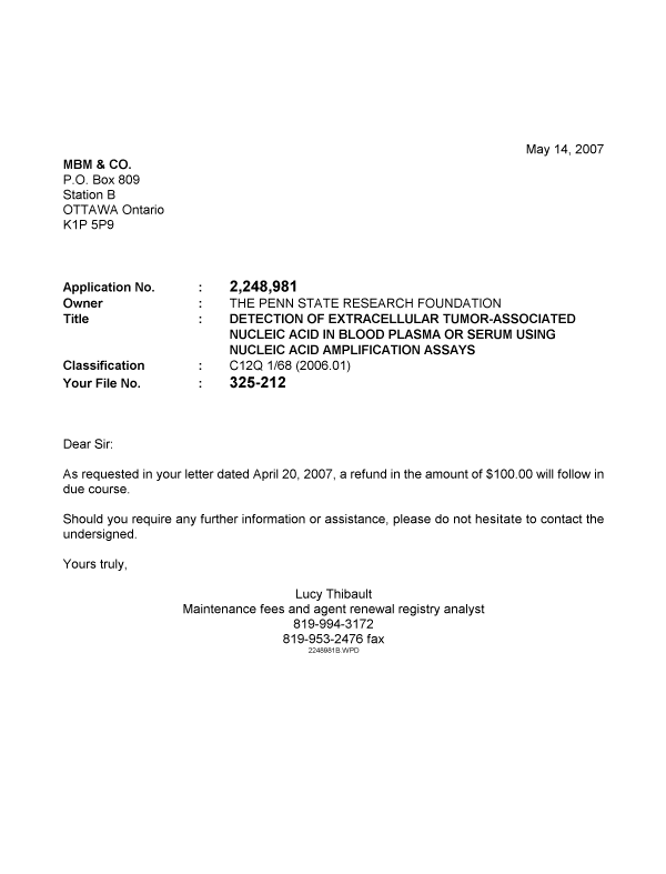Canadian Patent Document 2248981. Correspondence 20070514. Image 1 of 1