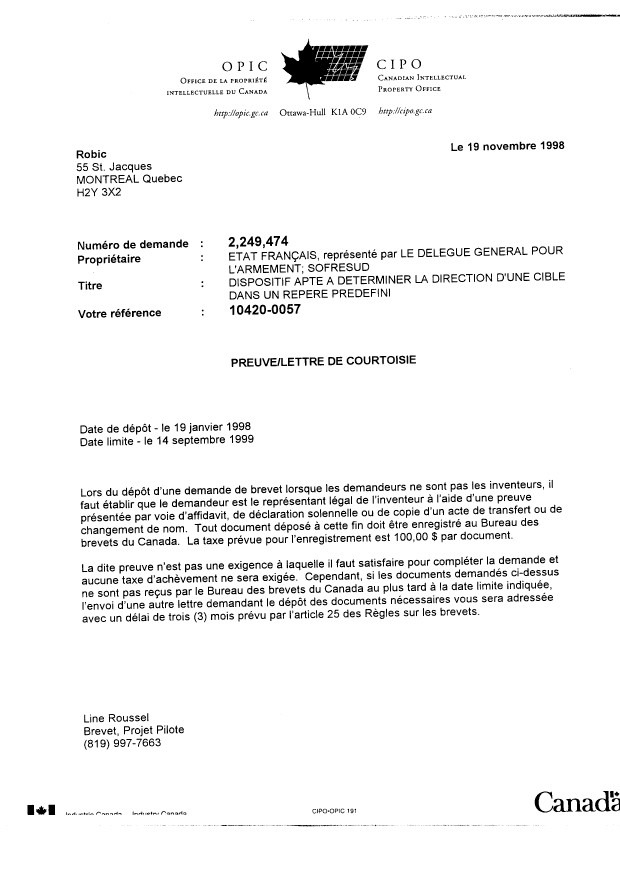 Canadian Patent Document 2249474. Correspondence 19981119. Image 1 of 1