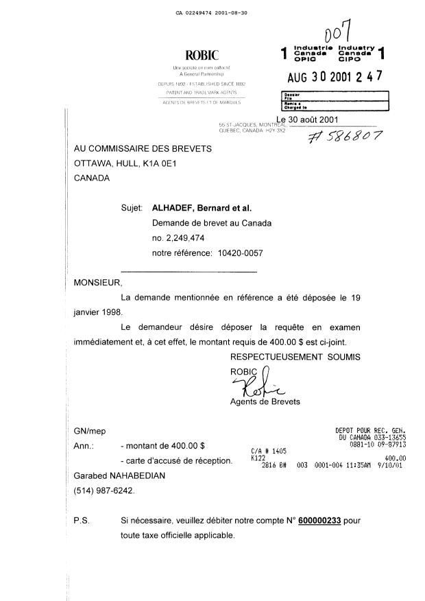 Document de brevet canadien 2249474. Poursuite-Amendment 20010830. Image 1 de 1