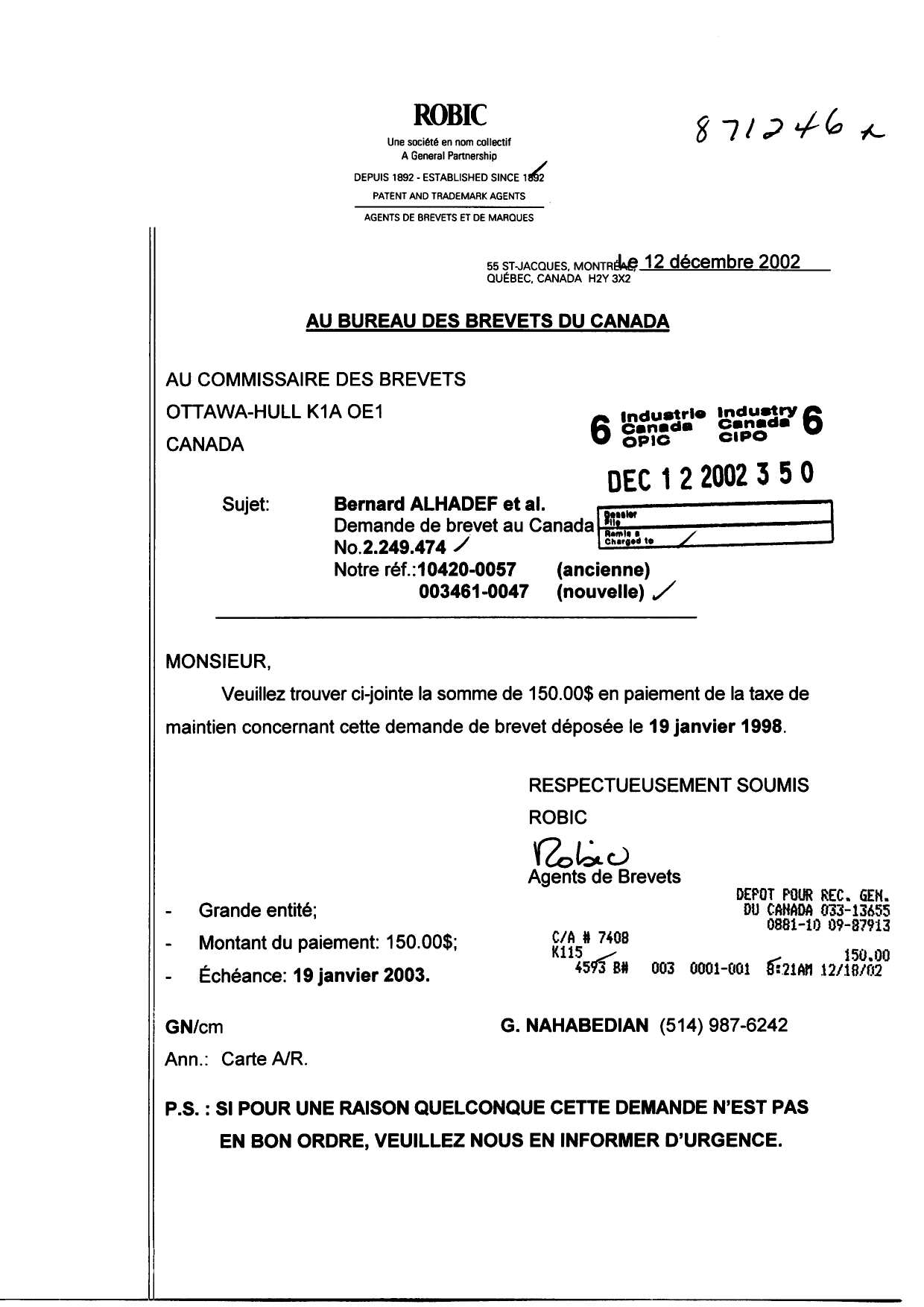 Canadian Patent Document 2249474. Fees 20021212. Image 1 of 1
