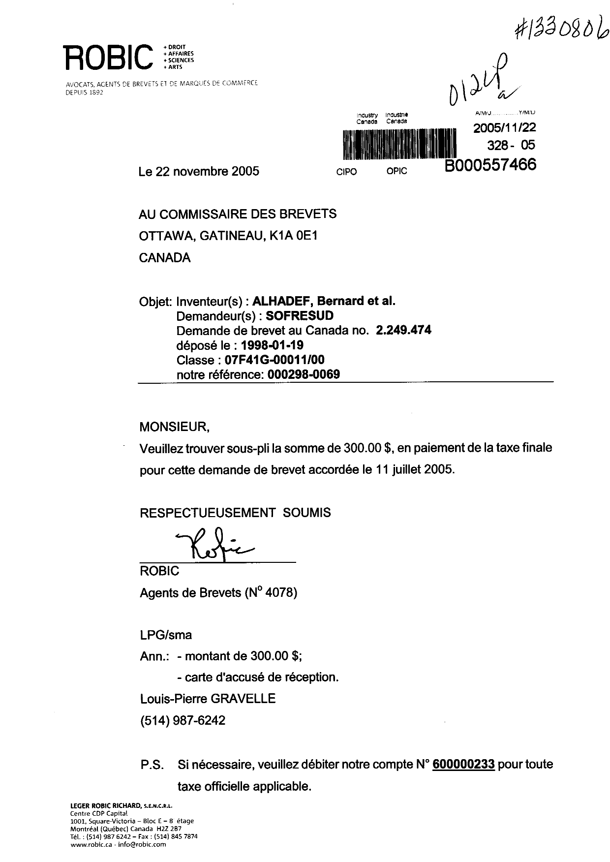 Canadian Patent Document 2249474. Correspondence 20051122. Image 1 of 1