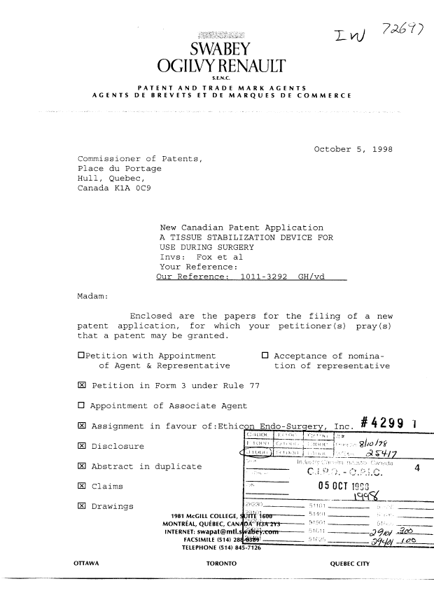 Canadian Patent Document 2249494. Assignment 19981005. Image 1 of 9