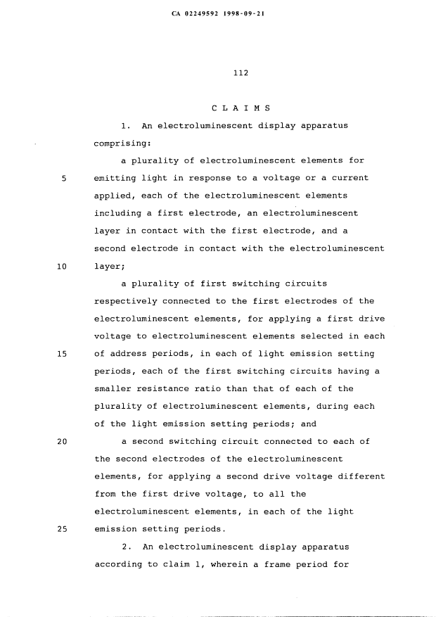 Document de brevet canadien 2249592. Revendications 19980921. Image 1 de 9
