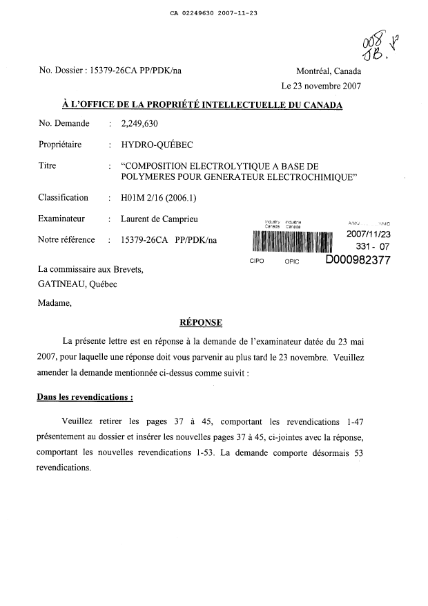 Canadian Patent Document 2249630. Prosecution-Amendment 20071123. Image 1 of 15