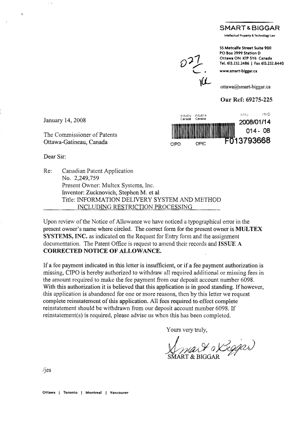Canadian Patent Document 2249759. Prosecution-Amendment 20080114. Image 1 of 2