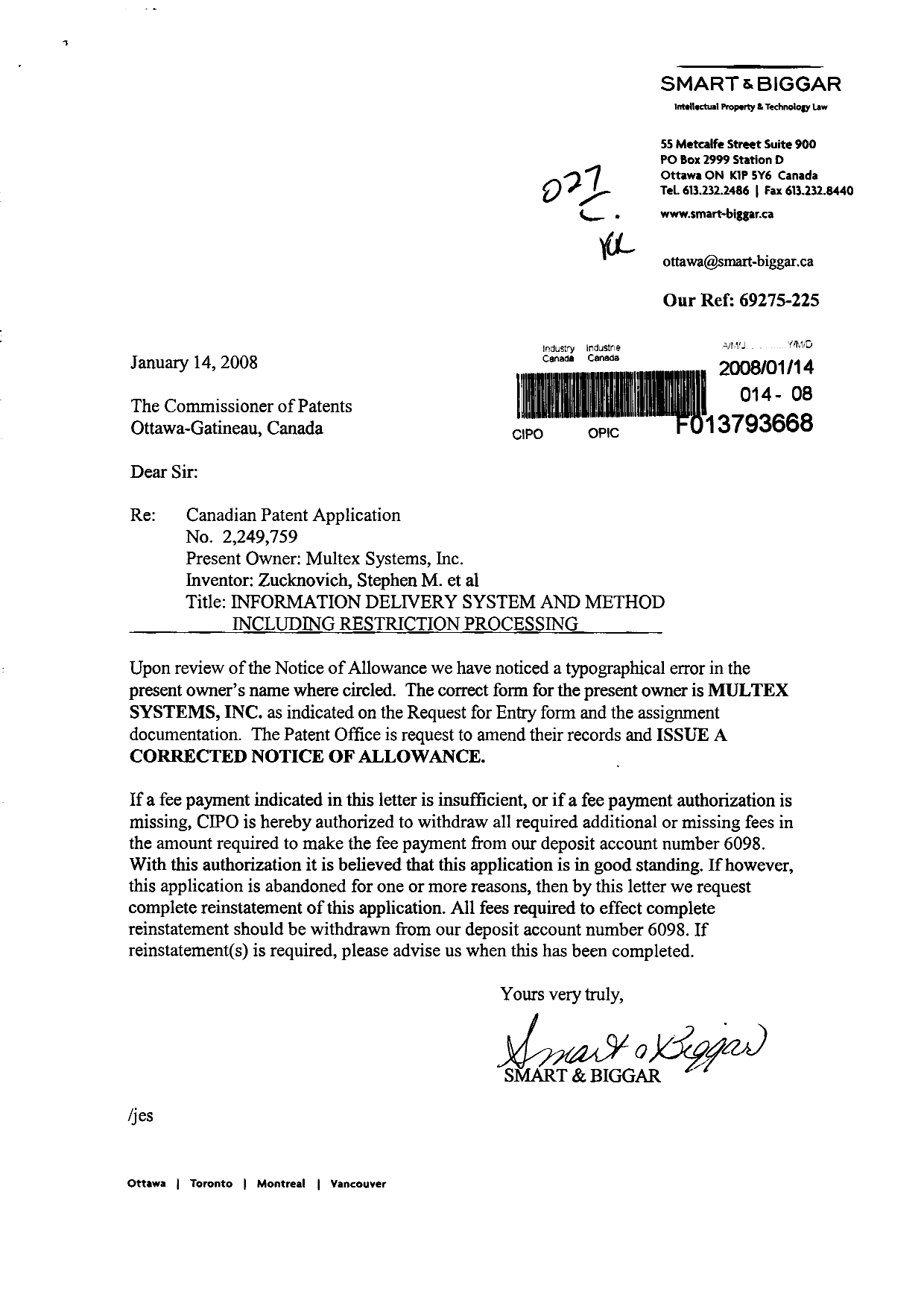 Canadian Patent Document 2249759. Prosecution-Amendment 20080114. Image 1 of 2