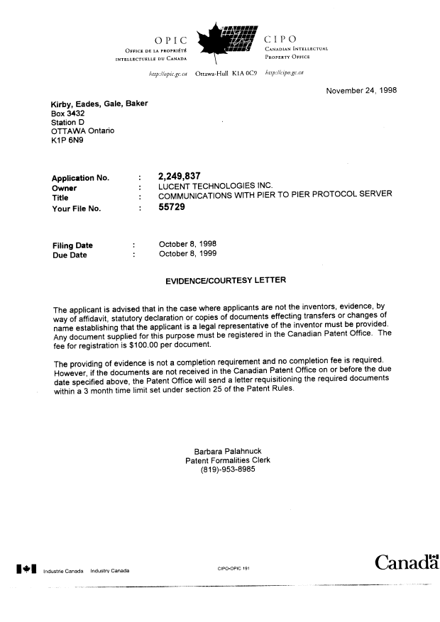 Document de brevet canadien 2249837. Correspondance 19981124. Image 1 de 1