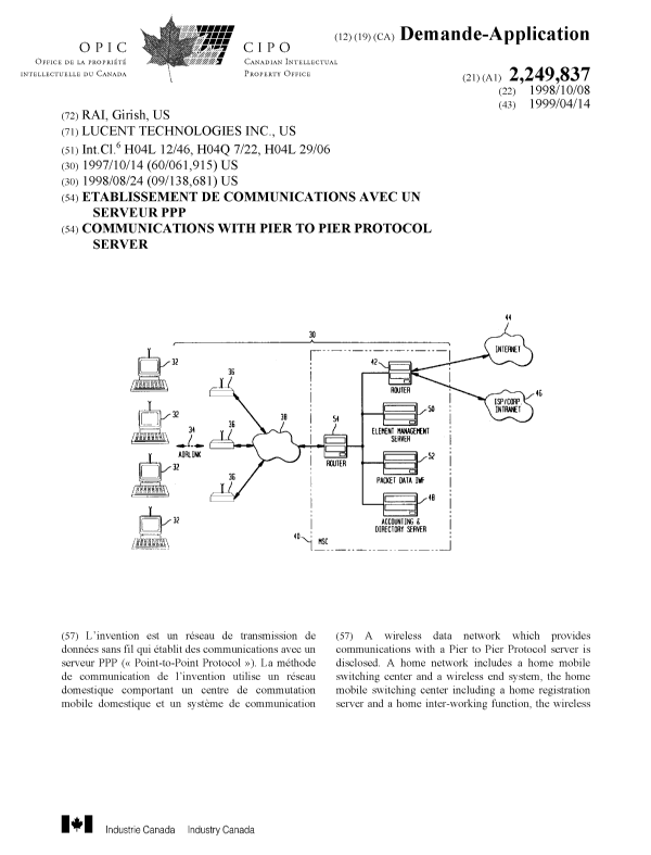 Document de brevet canadien 2249837. Page couverture 19990428. Image 1 de 2