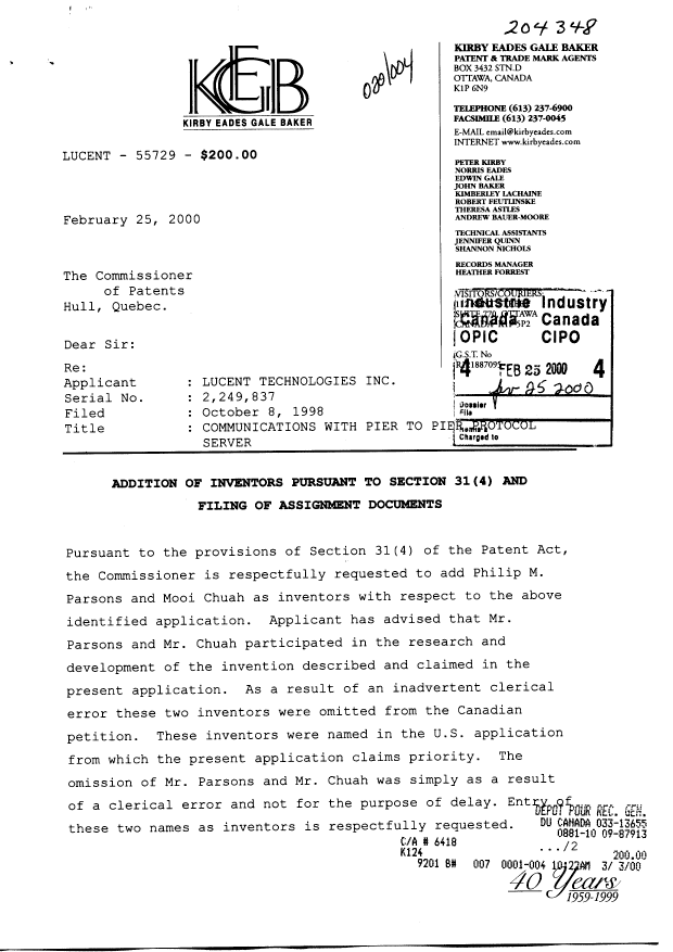 Document de brevet canadien 2249837. Cession 20000225. Image 1 de 15