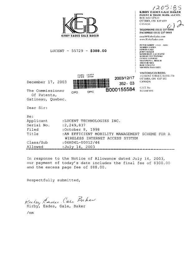 Canadian Patent Document 2249837. Correspondence 20031217. Image 1 of 1