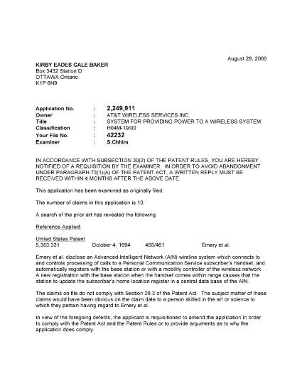 Canadian Patent Document 2249911. Prosecution-Amendment 20000828. Image 1 of 2