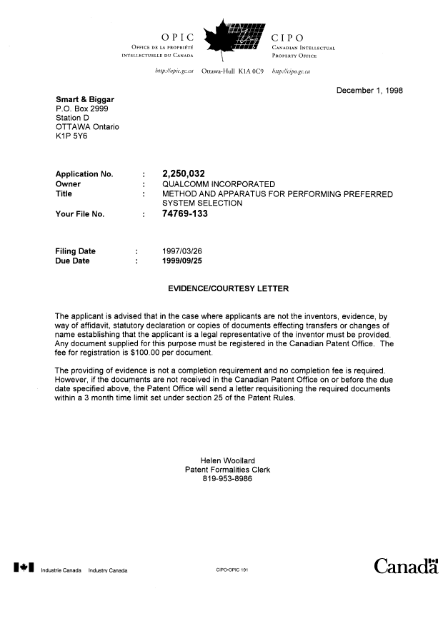 Document de brevet canadien 2250032. Correspondance 19981130. Image 1 de 1