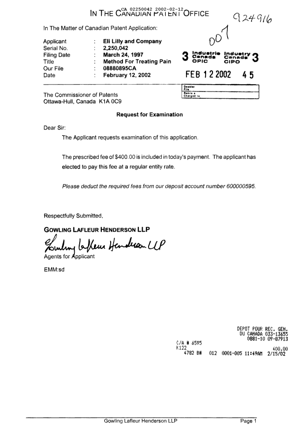 Canadian Patent Document 2250042. Prosecution-Amendment 20011212. Image 1 of 1