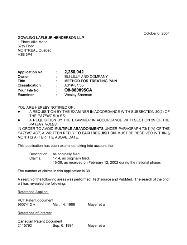 Canadian Patent Document 2250042. Prosecution-Amendment 20031206. Image 1 of 5