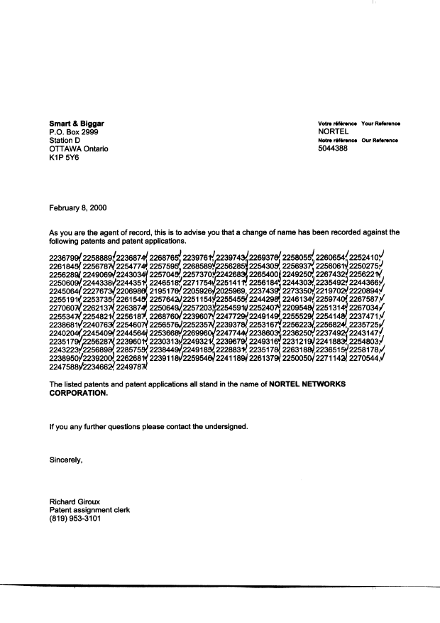 Document de brevet canadien 2250275. Correspondance 19991208. Image 1 de 1