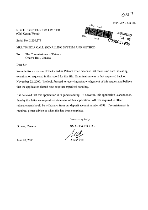 Document de brevet canadien 2250275. Poursuite-Amendment 20021220. Image 1 de 1