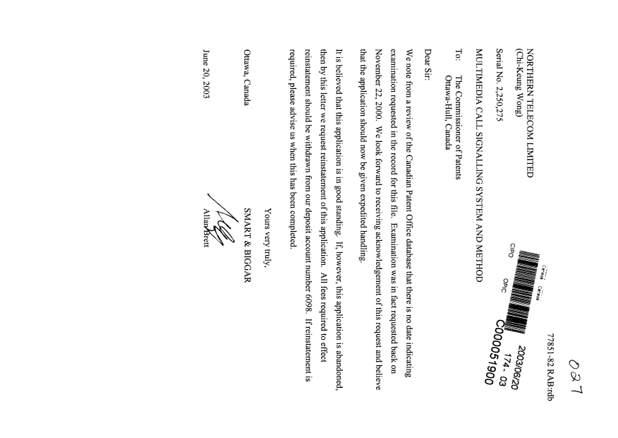 Document de brevet canadien 2250275. Poursuite-Amendment 20021220. Image 1 de 1