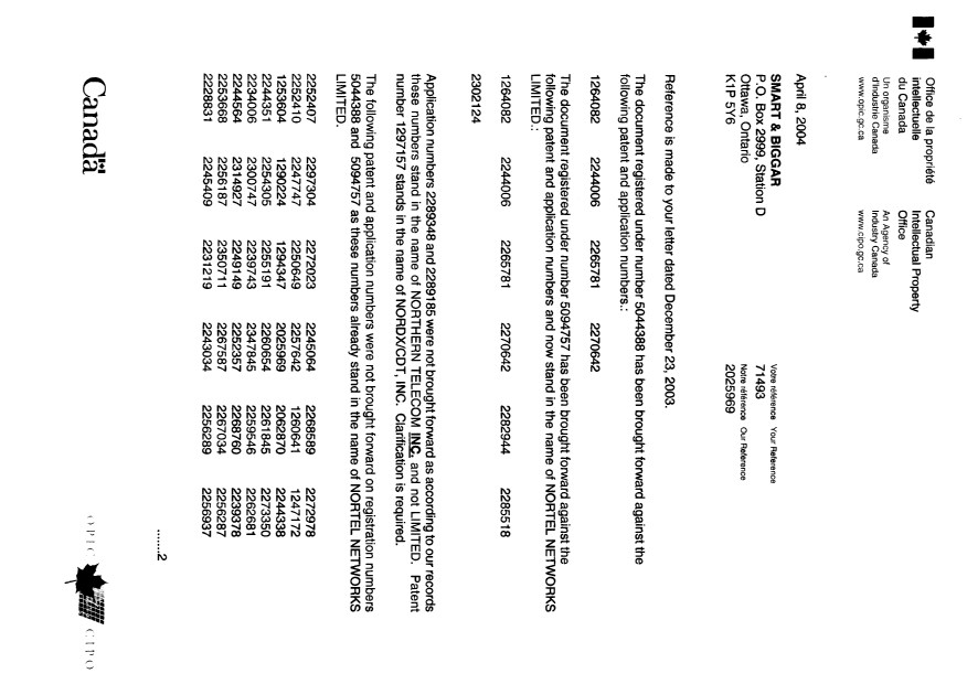 Document de brevet canadien 2250275. Correspondance 20031208. Image 1 de 4