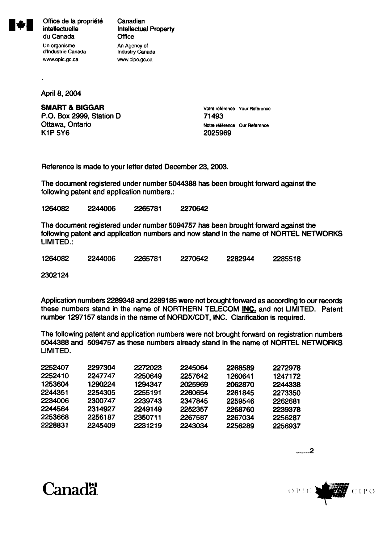 Document de brevet canadien 2250275. Correspondance 20031208. Image 1 de 4