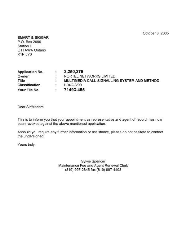 Document de brevet canadien 2250275. Correspondance 20041203. Image 1 de 1
