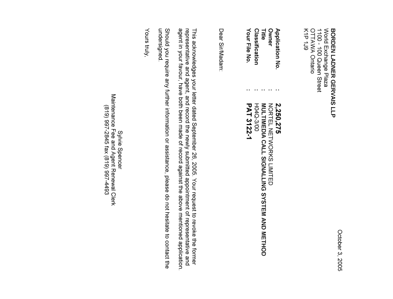 Canadian Patent Document 2250275. Correspondence 20041203. Image 1 of 1