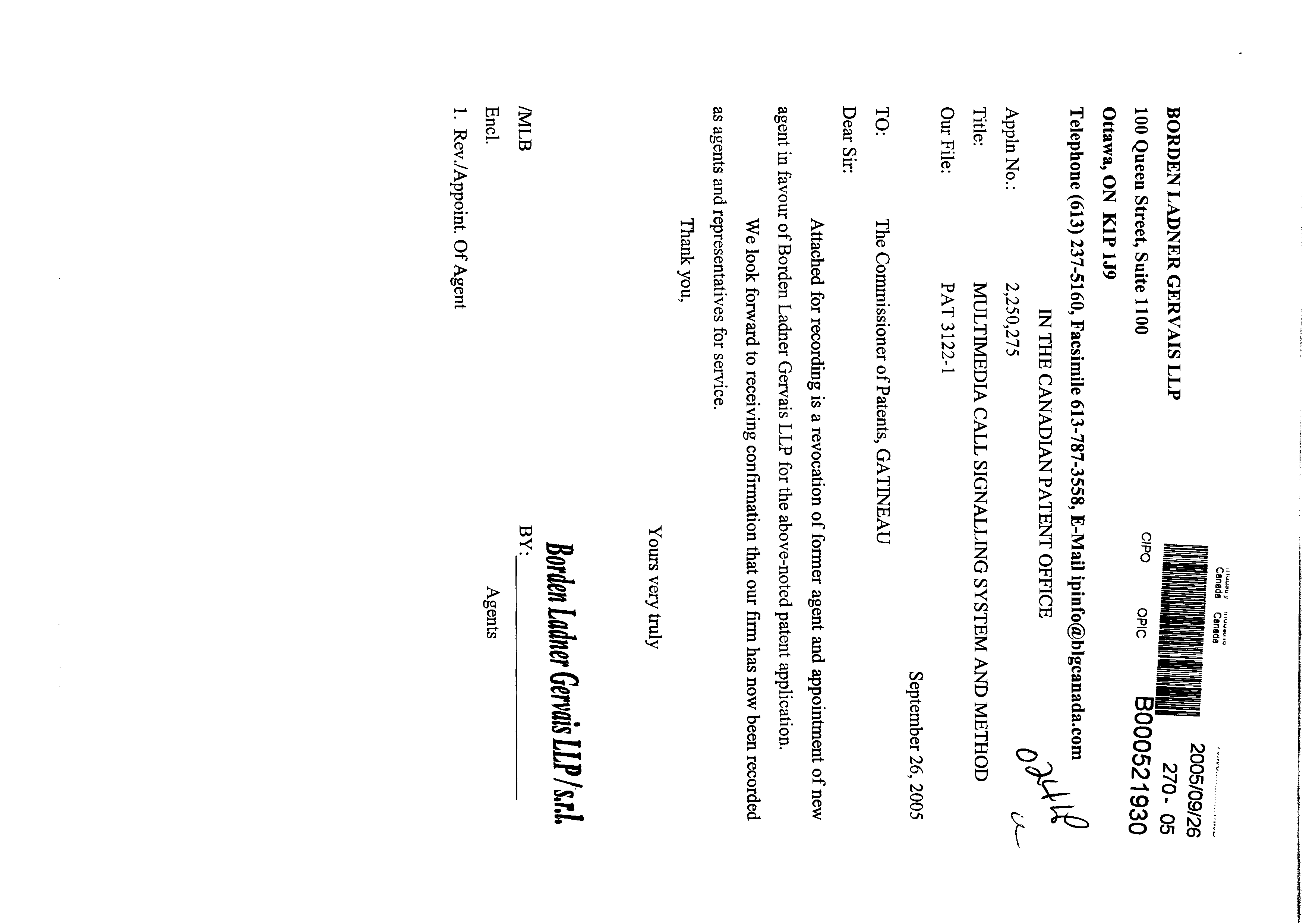 Canadian Patent Document 2250275. Correspondence 20041226. Image 1 of 2